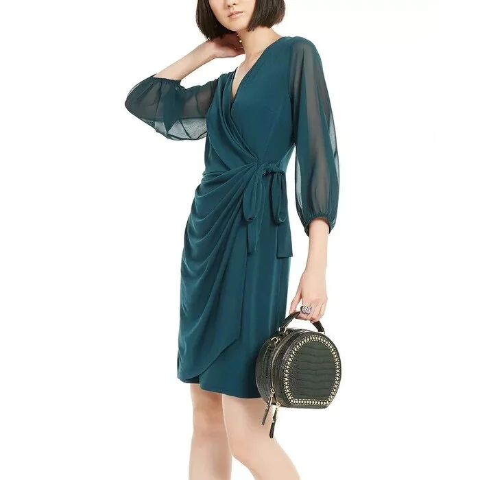 Women's Casual Layered Dresses-INC International Concepts Women's Balloon Sleeve Wrap Dress Green Size Medium