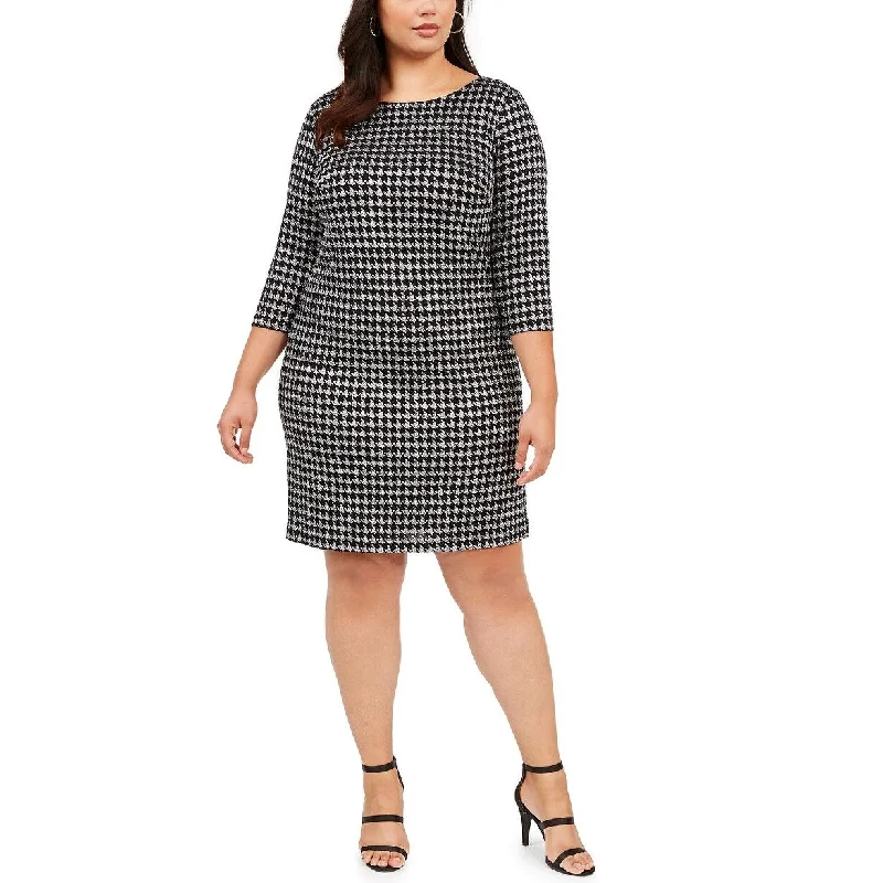 Women's Casual Empire Waist Dresses-Jessica Howard Women's Plus Houndstooth Sparkle Shift Dress Silver Size 20W