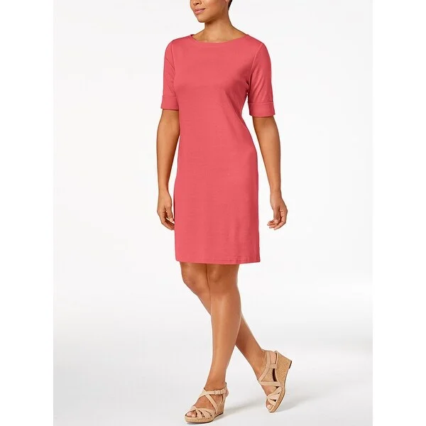 Women's Casual Park Dresses-Karen Scott Petite Cotton Boat-Neck Shift Dress , Twist Pink, Size XL