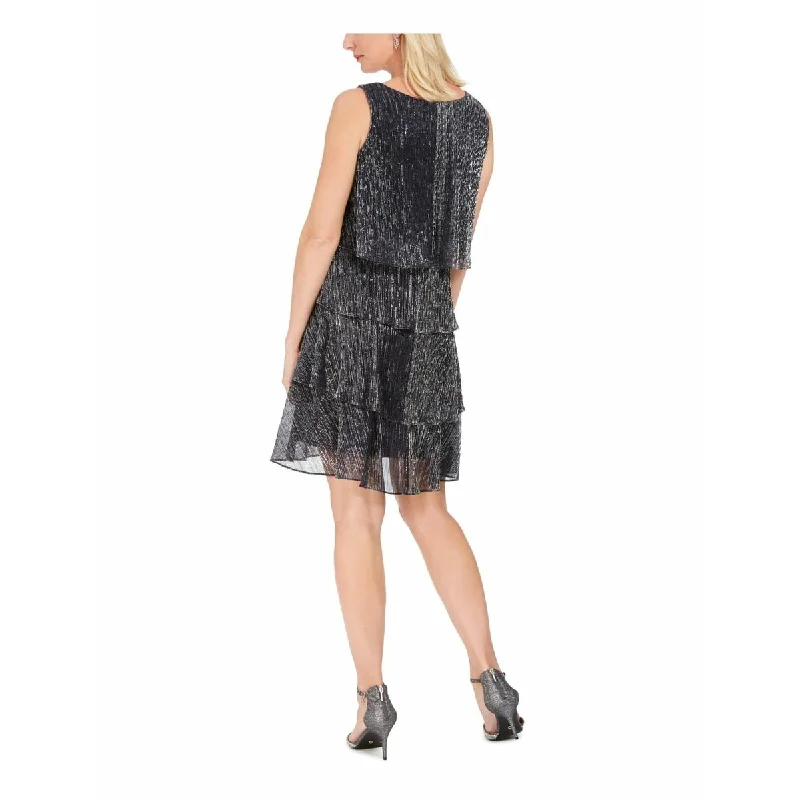 Women's Casual Vacation Dresses-Lsny Fashions Women's Metallic Tiered Shift Dress Black Size 4