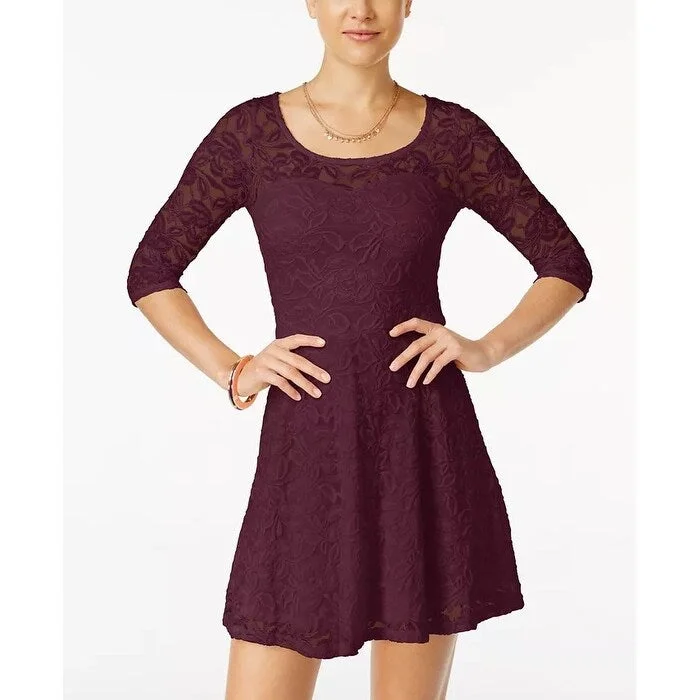 Women's Casual Lounge Dresses-Material Girl Juniors' Lace Illusion Skater Dress Dark Red Size Small