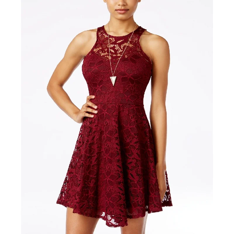 Women's Casual Garden Party Dresses-Material Girl Juniors' Lace Skater Dress Only Dark Red Size Medium