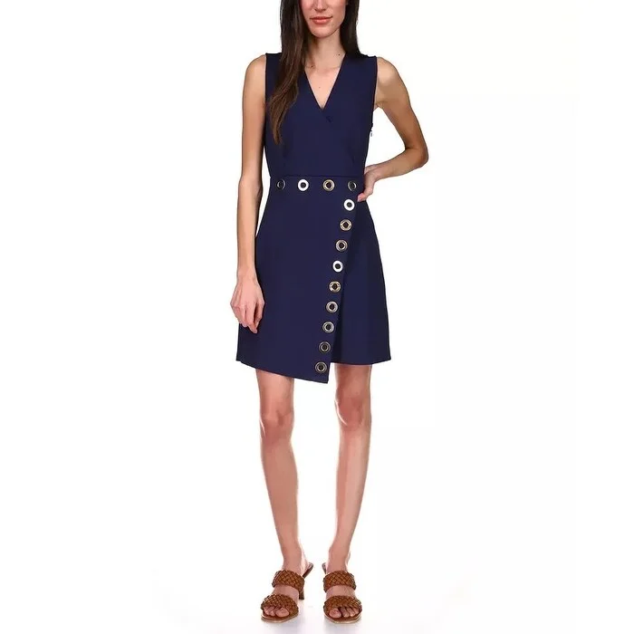 Women's Casual Errand Dresses-Michael Kors Women's Grommet-Trim Faux-Wrap Dress Dark Blue Size M - Medium