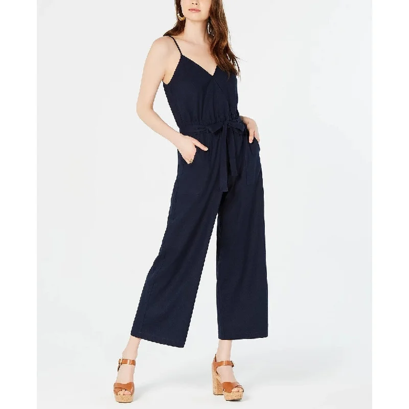 Women's Casual Tiered Dresses-Monteau Women's Petite Paperbag-Waist Wide-Leg Jumpsuit Navy Size Petite Large - Petite-Large