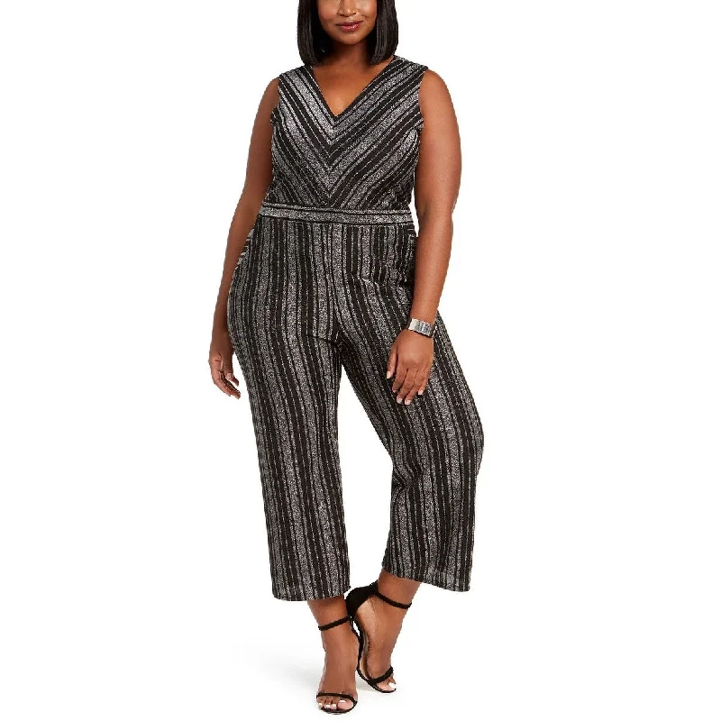 Women's Casual Weekend Dresses-Monteau Women's Trendy Plus Size Glitter-Stripe Jumpsuit Black Size 3X