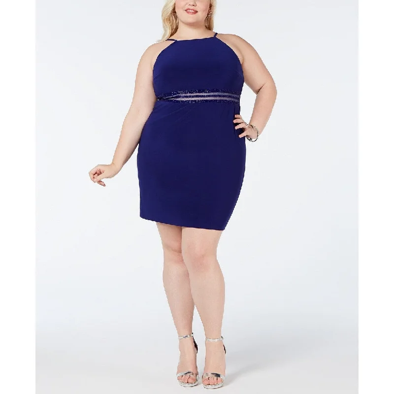 Women's Casual Date Print Dresses-Morgan & Company Women's Plus Size Illusion-Mesh Beaded Dress Navy Size 20