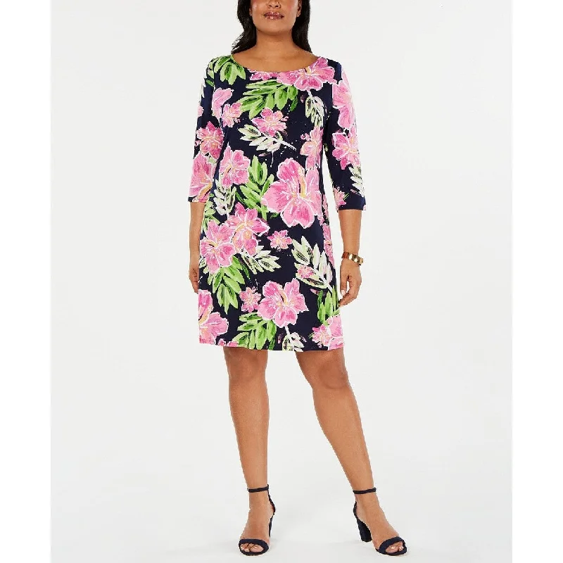 Women's Casual Night Out Floral Dresses-MSK Women's Plus Floral Print Puff Print Shift Dress Navy Size 1X