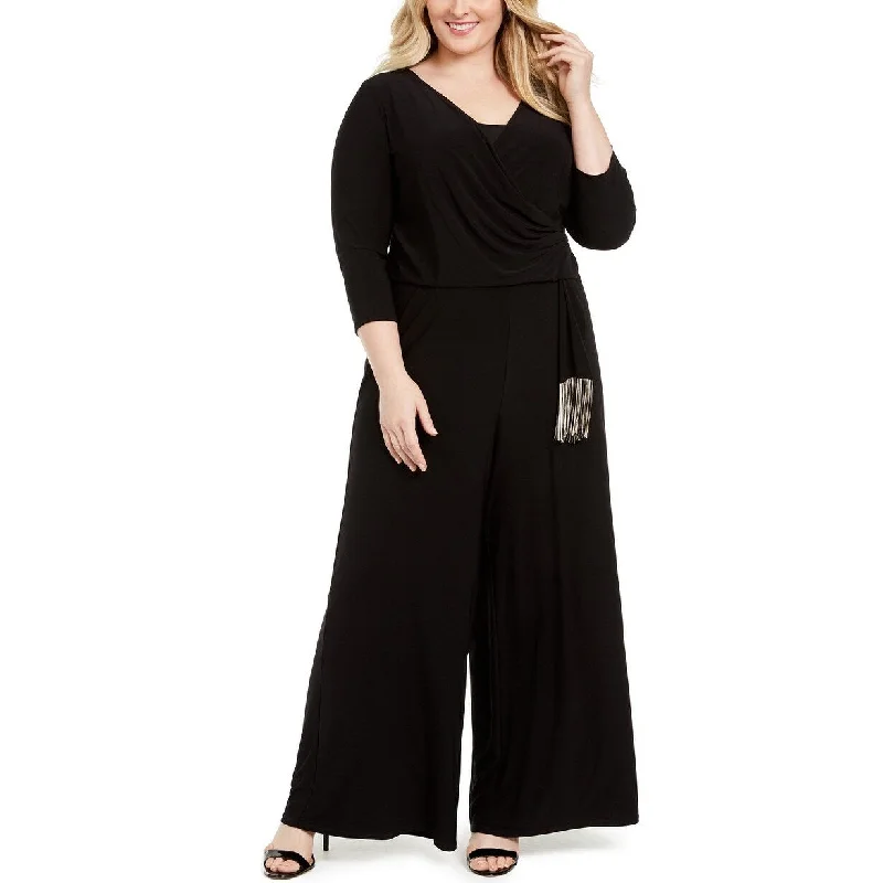 Women's Casual Belted Dresses-MSK Women's Plus Size Surplice-Neck Tie-Waist Jumpsuit Black Size 3 Extra Large