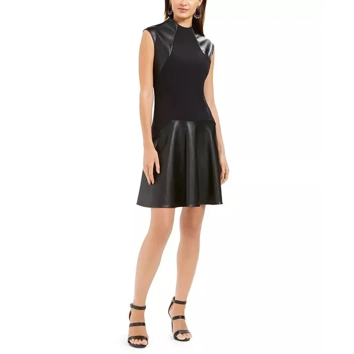 Women's Casual Brunch Dresses-N Natori Women's Faux-Leather & Scuba Flounce Dress Black Size 14