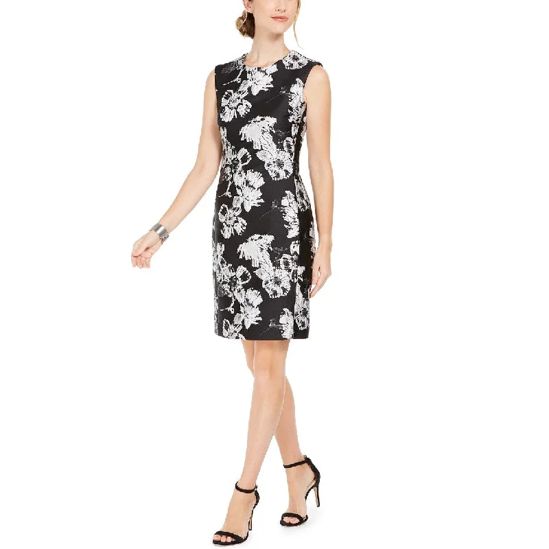 Women's Casual Balloon Sleeve Dresses-Natori Women's Floral-Print Jacquard Sheath Dress Black Size 12