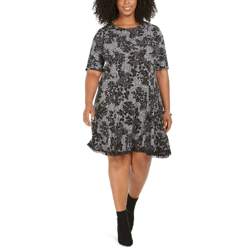 Women's Casual Night Out Print Dresses-Robbie Bee Women's Plus Size Lace-Trim Printed Sweater Dress Black Size 1X