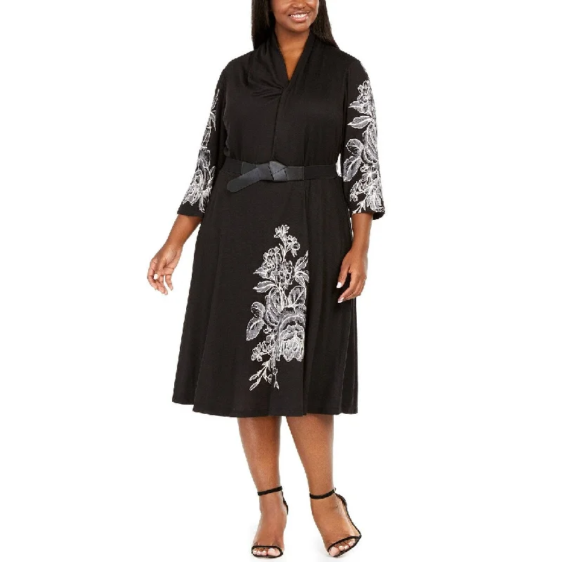 Women's Casual Comfy Dresses-Robbie Women's Bee Plus Size Belted Floral-Print A-Line Dress Black Size Extra Large