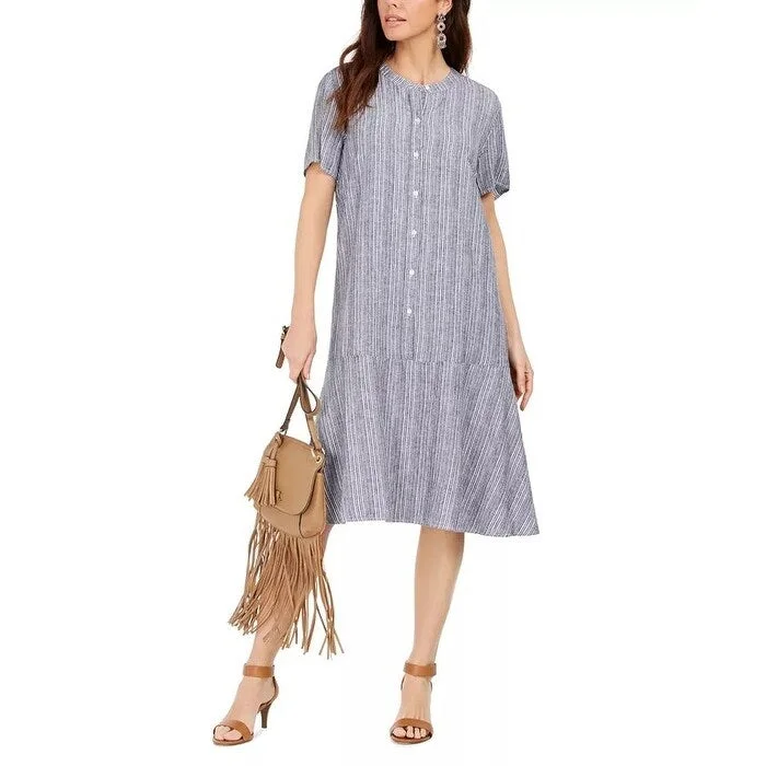 Women's Casual Kimono Sleeve Dresses-Style & Co Women's Striped Linen-Blend A-Line Dress Blue Size S