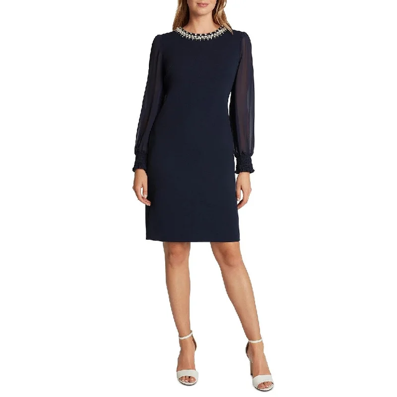 Women's Casual Tiered Dresses-Tahari ASL Women's Beaded Sheer-Sleeve Sheath Dress Navy Size 16