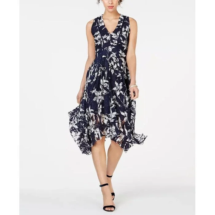 Women's Casual Date Print Dresses-Taylor Women's Printed Lace Handkerchief-Hem Dress Black Size 10