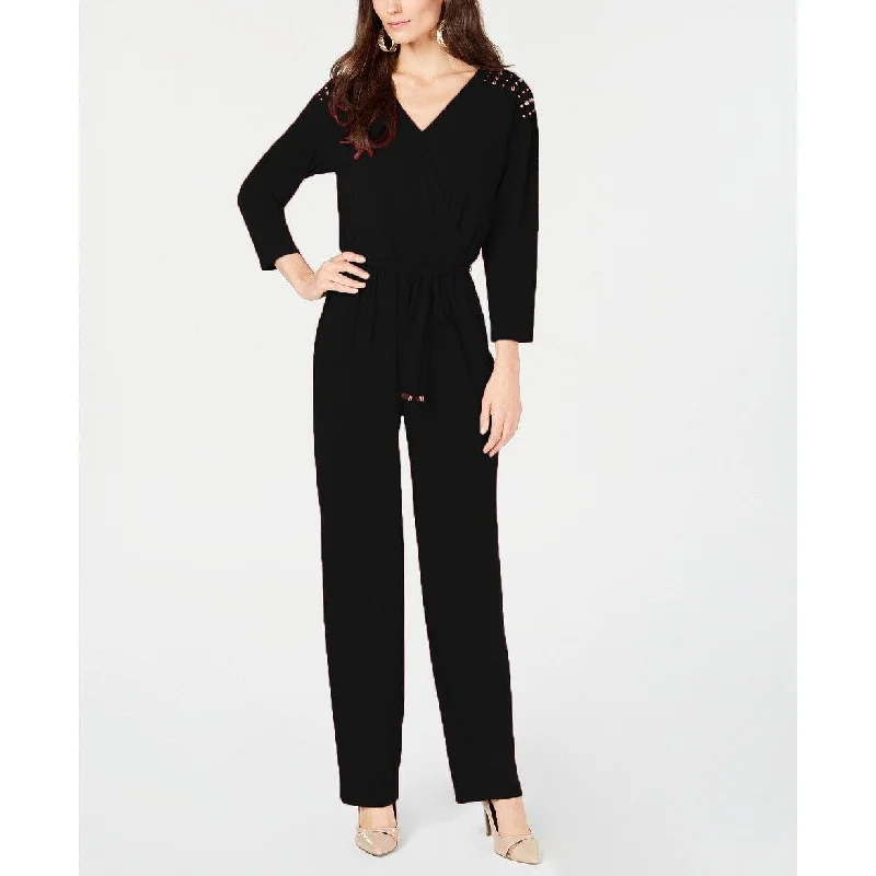 Women's Casual Kimono Sleeve Dresses-Thalia Sodi Women's Surplice-Neck Embellished Jumpsuit Black Size Medium