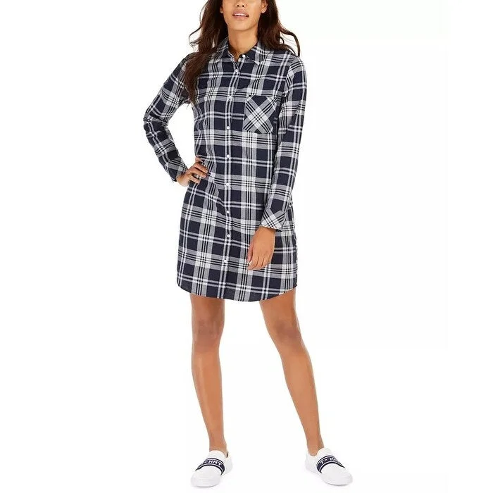 Women's Casual Off-Shoulder Dresses-Tommy Hilfiger Women's Cotton Logo-Back Plaid Shirtdress Blue Size Medium