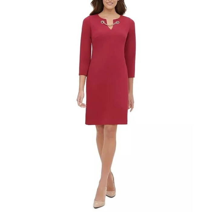 Women's Casual Comfy Dresses-Tommy Hilfiger Women's Petite Chain-Neck Shift Dress Dark Red Size 6P