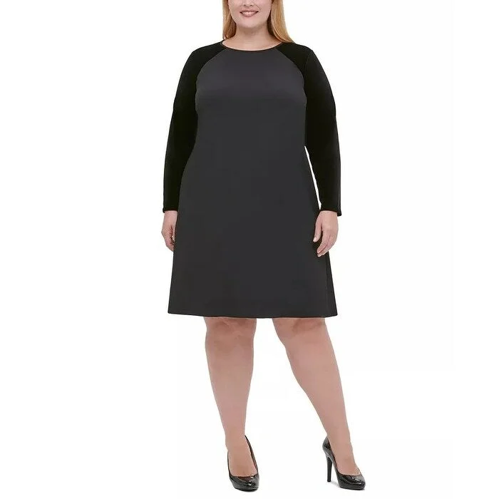 Women's Casual Friends Gathering Dresses-Tommy Hilfiger Women's Plus Size Velvet-Sleeve A-Line Dress Black Size 18