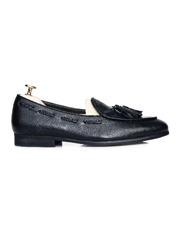 Women's Faux Suede T-Shirts-Belgian Loafer With Tassel - Black Pebble Grain Leather