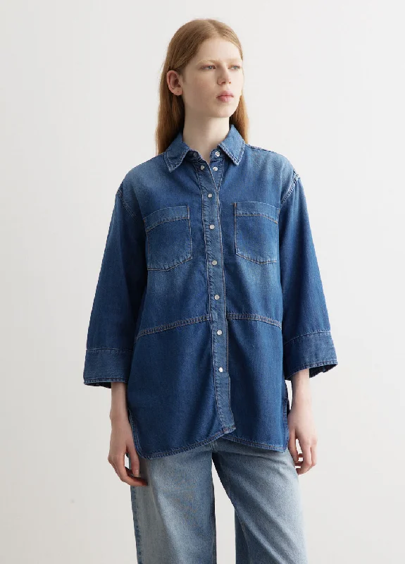 Women's Longline T-Shirts-Light Denim Oversized Shirt