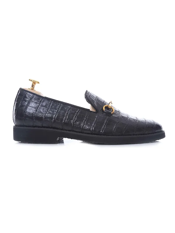 Women's Funny T-Shirts-Loafer Slipper Horsebit Buckle - Black Croco Leather (Crepe Sole)