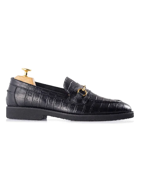 Women's Jewel Tone T-Shirts-Penny Loafer Horsebit Buckle - Black Croco Leather (Crepe Sole)