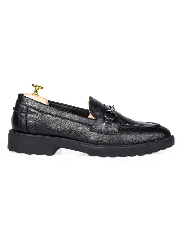 Women's Casual T-Shirts-Penny Loafer Horsebit Buckle - Black Pebble Grain Leather (Combat Sole)