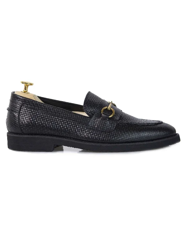 Women's Embroidered T-Shirts-Penny Loafer Horsebit Buckle - Black Woven Leather (Crepe Sole)