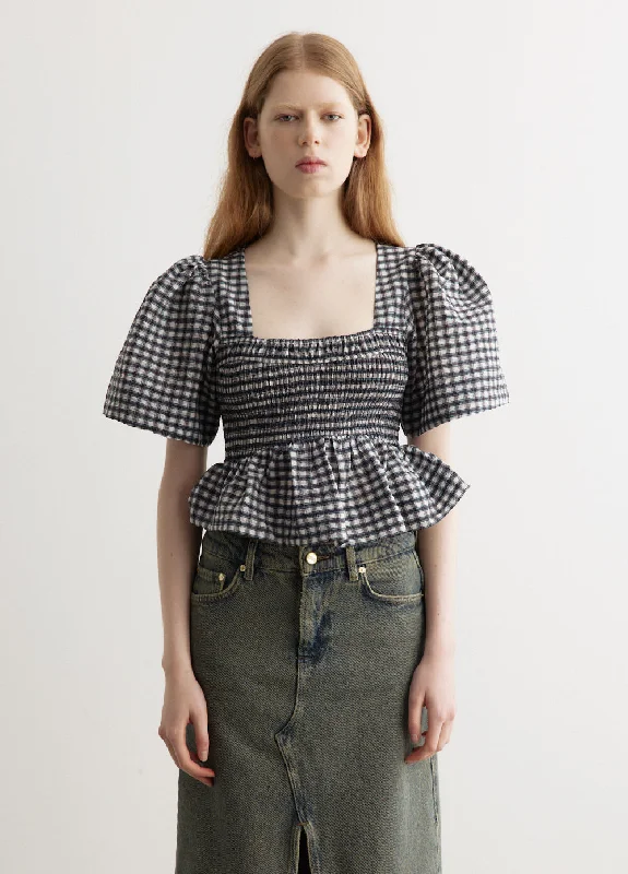 Women's Lightweight T-Shirts-Seersucker Check Open-Neck Smock Blouse