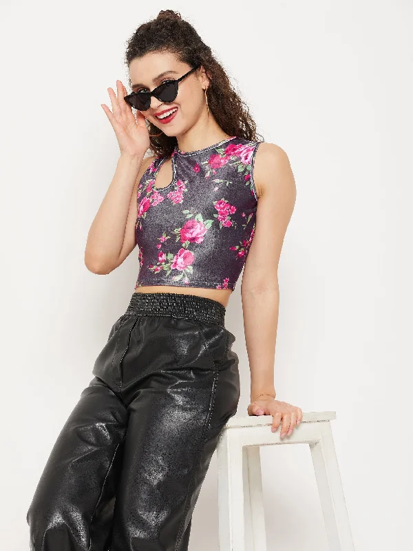 Women's Distressed T-Shirts-Stretchable Velvet Shoulder Cutout Crop Top