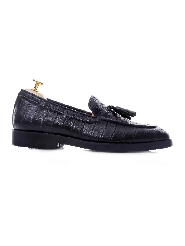 Women's Halloween T-Shirts-Tassel Loafer - Black Croco Leather (Crepe Sole)