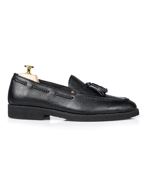 Women's Breathable T-Shirts-Tassel Loafer - Black Pebble Grain Leather (Crepe Sole)