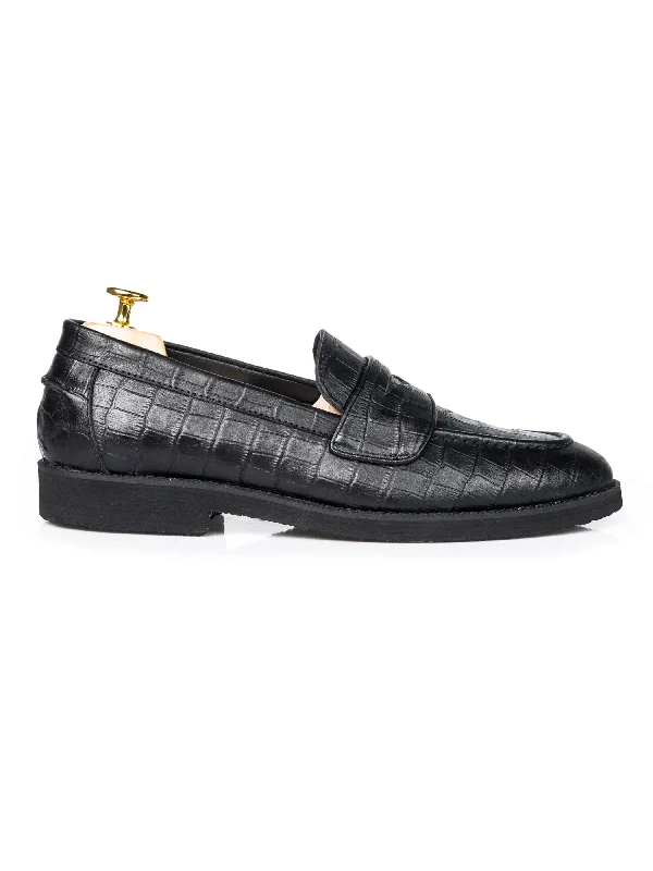 Women's Button Detail T-Shirts-Wayne Penny Loafer - Black Croco Leather (Crepe Sole)