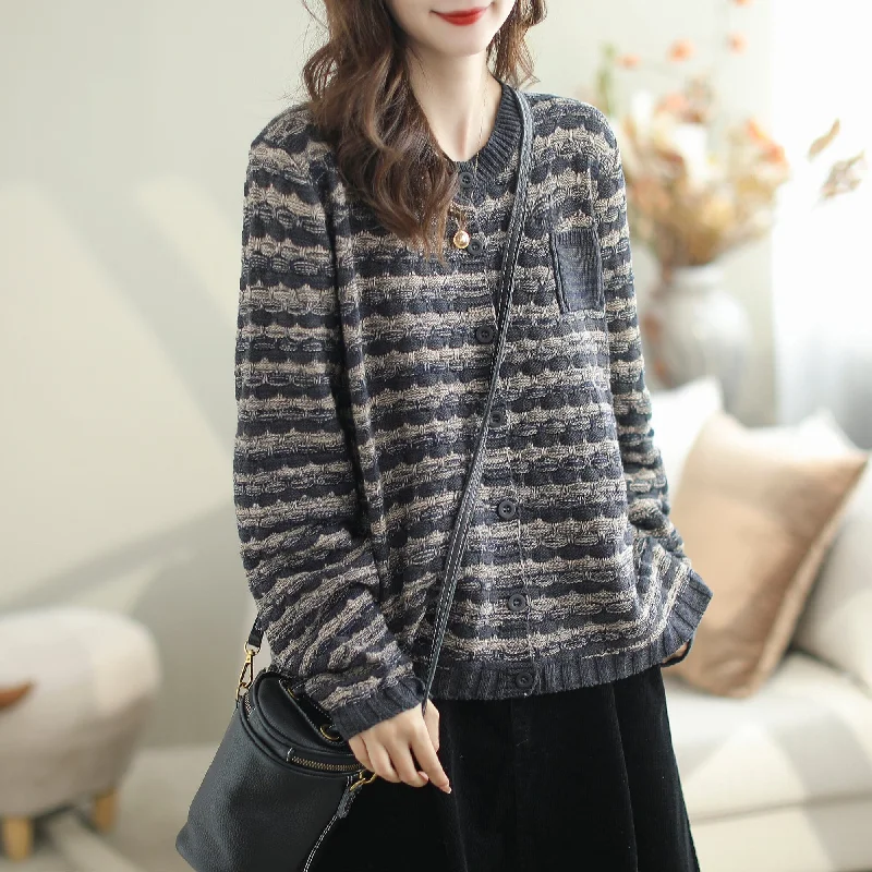 Women's High-Waisted A-Line Cardigans-Autumn Casual Stylish Stripe Cotton Knitted Loose Cardigan