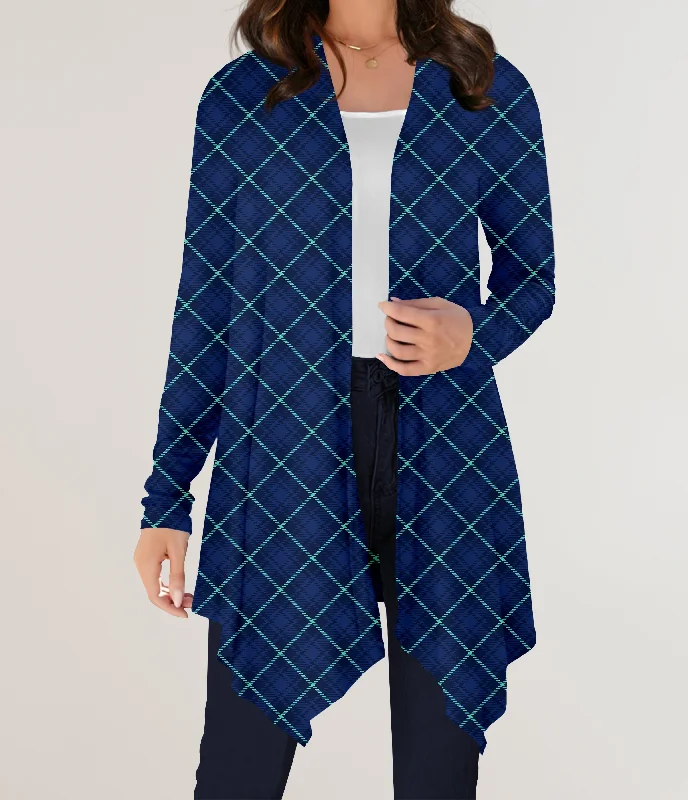 Women's Metallic Pleated Cardigans-RTS - Blue Diagonal Plaid Cardigan w/ Pockets