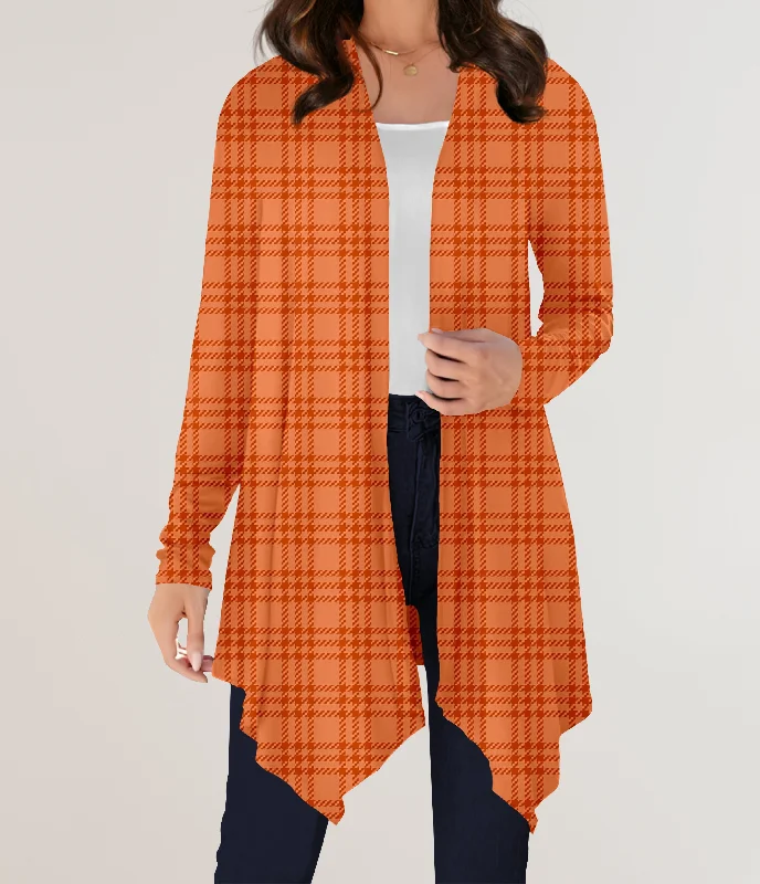 Women's Metallic Denim Cardigans-RTS - Orange Plaid Cardigan w/ Pockets