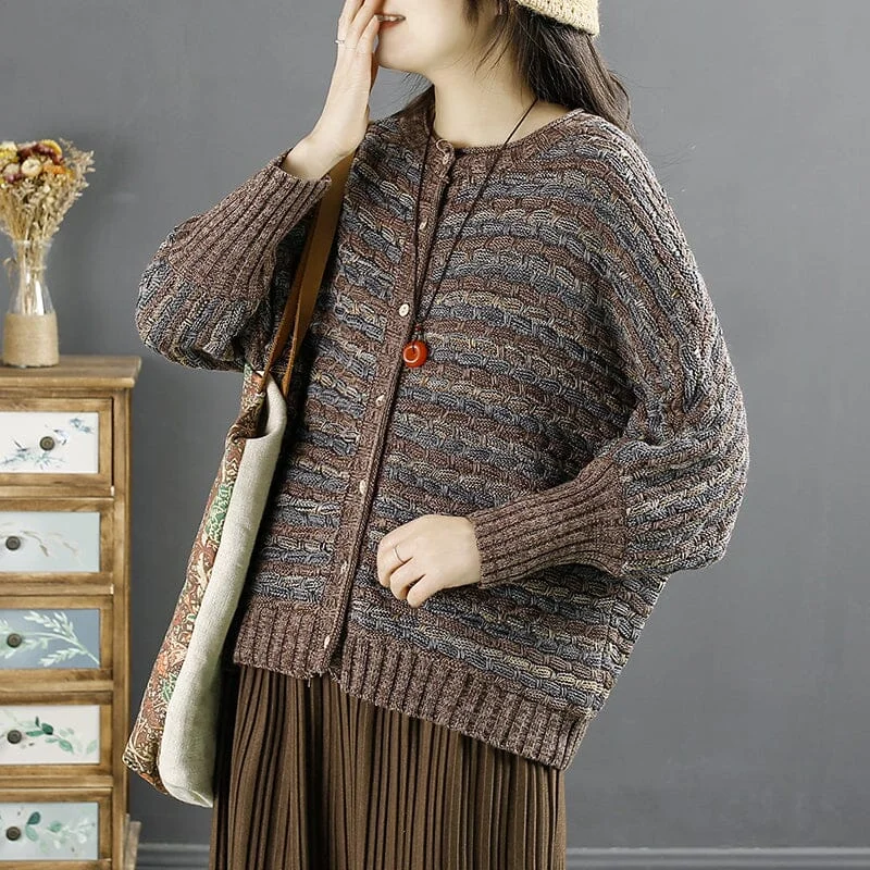 Women's Metallic A-Line Cardigans-Spring Retro Cotton Knirred Stripe Casual Cardigan