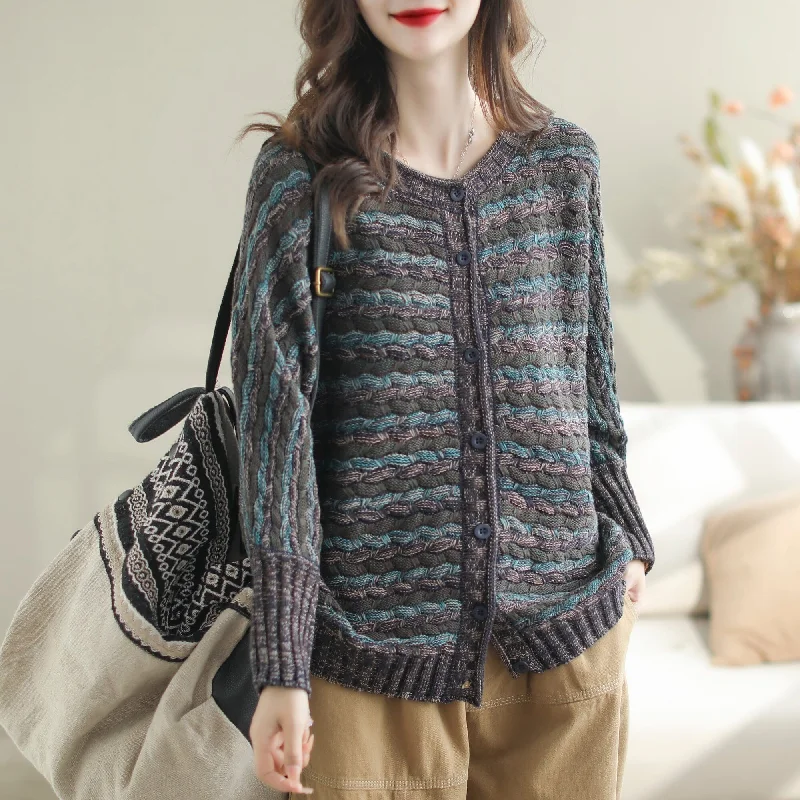 Women's High-Waisted Pleated Cardigans-Women Autumn Casual Stripe Cotton Knitted Cardigan