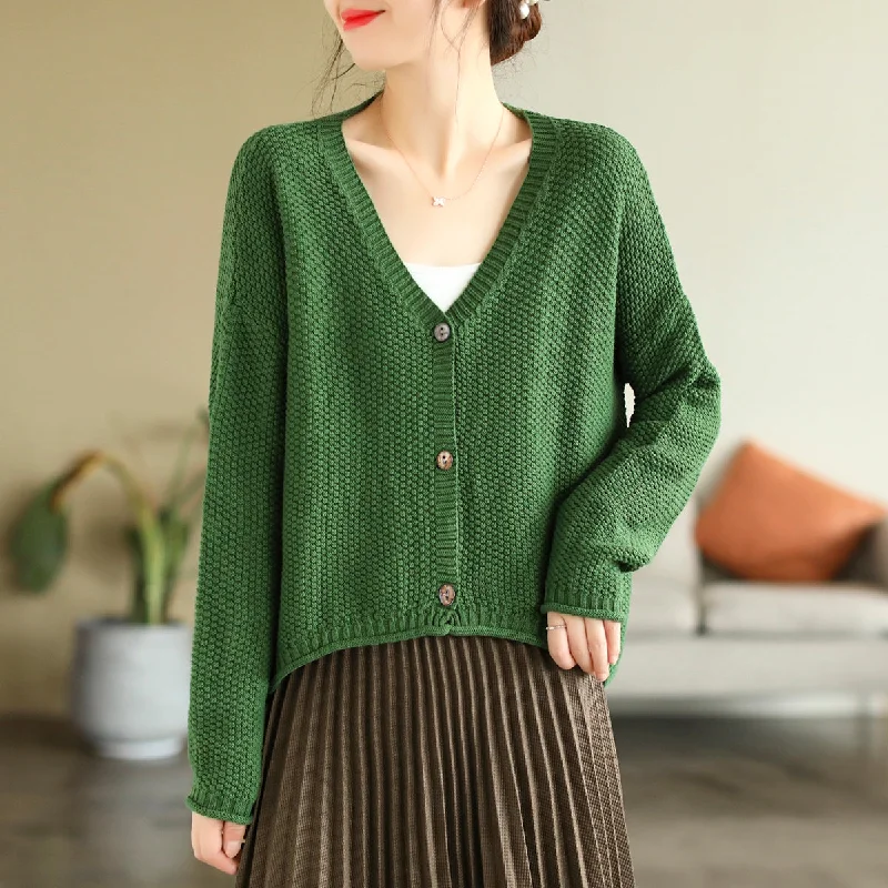 Women's Open Cardigans-Women Autumn V-Neck Cotton Knitted Cardigan