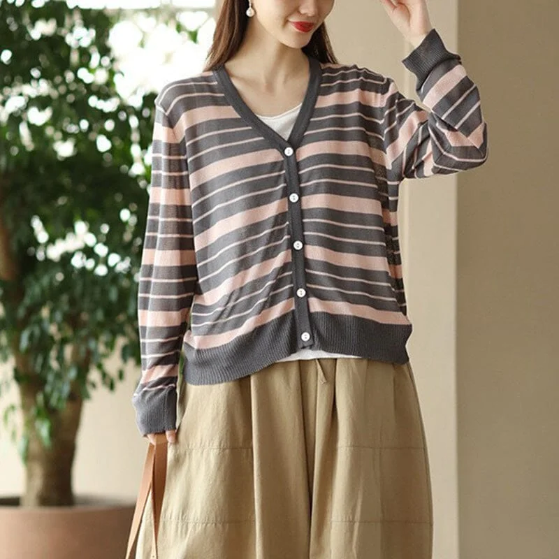 Women's Loose Fit Cardigans-Women Casual Thin Linen Knitted Stripe V-Neck Cardigan