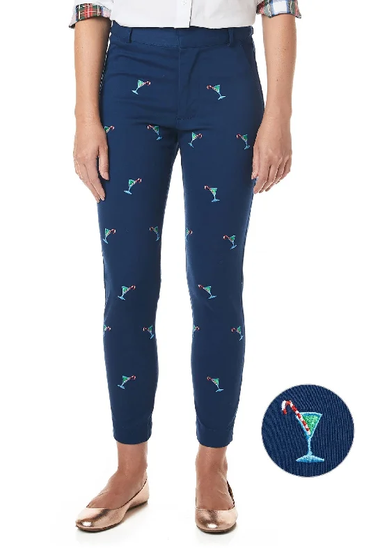 Women's Jogging Pants-Ankle Capri Stretch Twill Nantucket Navy with Martini Candy Cane