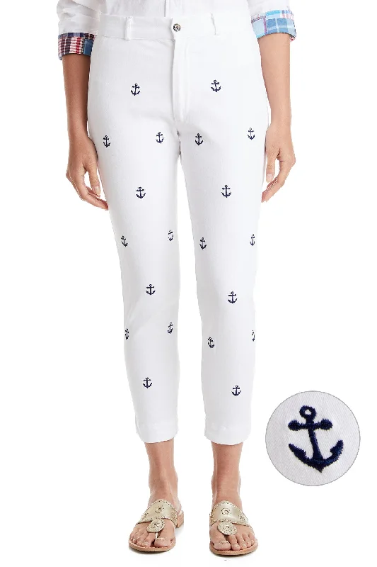 Women's Pastel Pants-Ankle Capri Stretch Twill White with Anchor