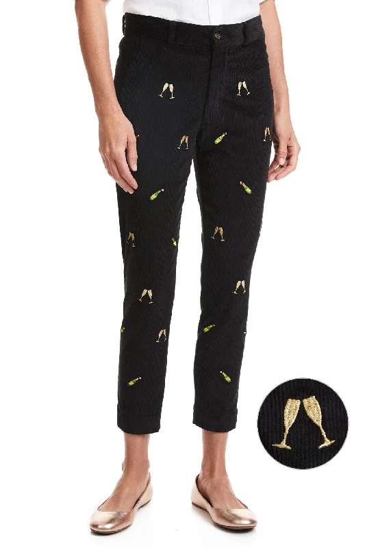 Women's High-Waist Pants-Beachcomber Corduroy Ankle Capri Black with Champagne Toast