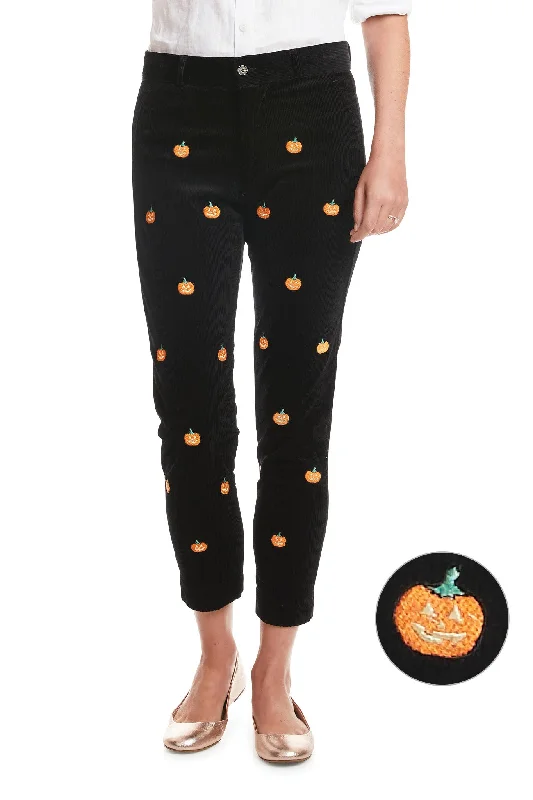 Women's Modern Pants-Beachcomber Corduroy Ankle Capri Black with Jack O'Lantern