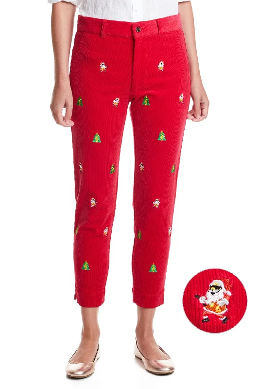 Women's Graphic Print Pants-Beachcomber Corduroy Ankle Capri Crimson with Rockin Around the Christmas Tree