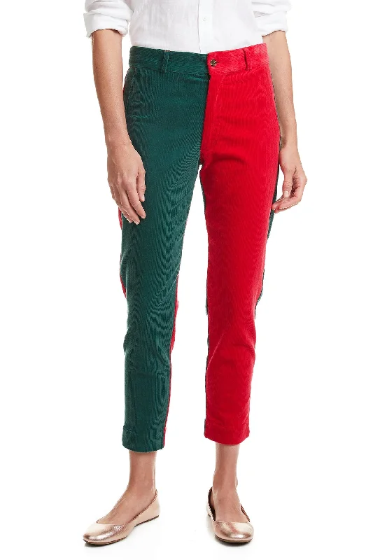 Women's Elegant Pants-Beachcomber Corduroy Ankle Capri Hunter and Crimson Panel