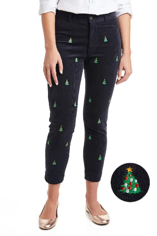 Women's Dressy Pants-Beachcomber Corduroy Ankle Capri Nantucket Navy with Christmas Tree