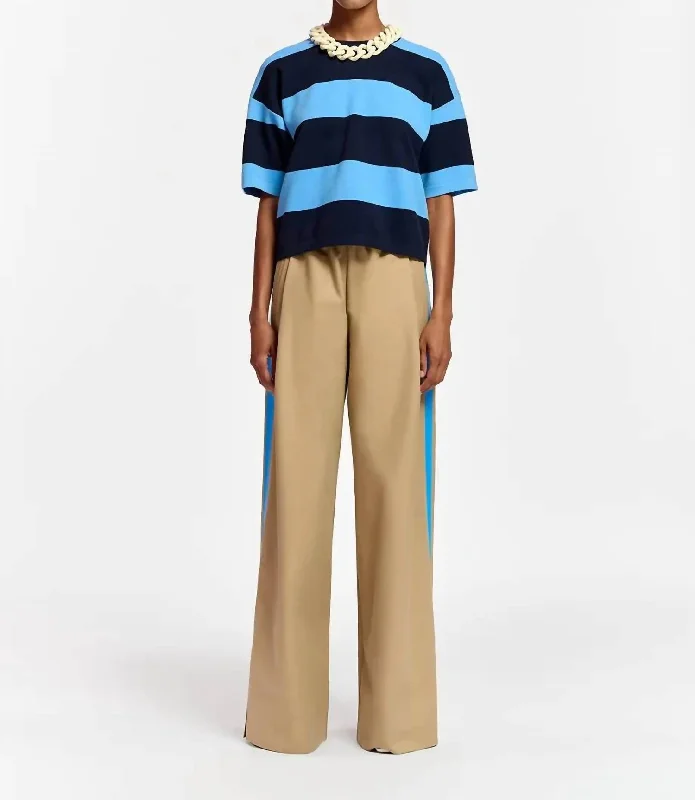 Women's High-Waisted Pants-Beigh Wide-Leg Pants With Blue Stripe In Khaki And Blue