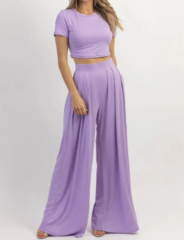 Women's Sash-Waist Pants-Butter Soft Palazzo Pant Top Set In Lilac